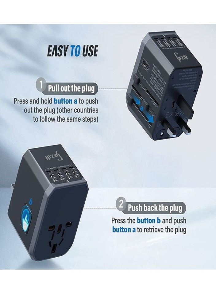 Gzar Universal Travel Adapter International Power Plug Adapter Ultra Fast All in One 4 Ultra Fast USB Port Type C 3.4A Multi Adapter Worldwide UK EU US AU