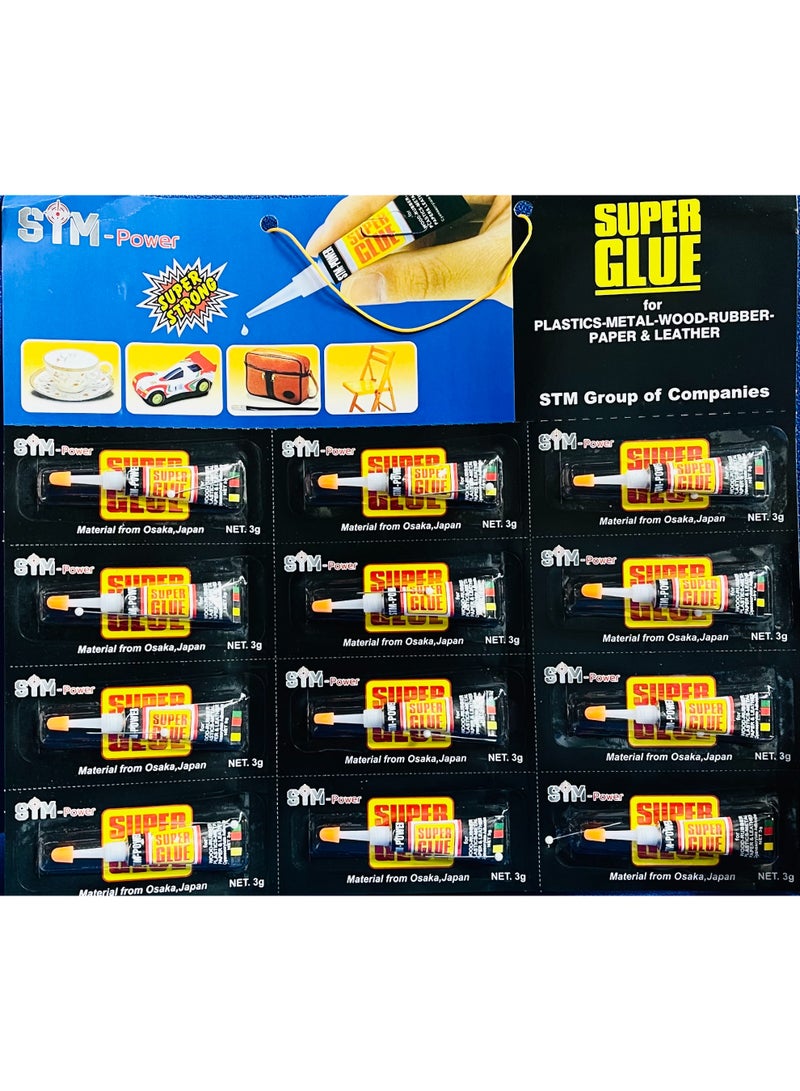 قوة اس تي ام أنبوب غراء فائق من STM، 12 × 3 جرام شفاف للخشب والمطاط والبلاستيك والمعادن والورق والجلد - Image 1