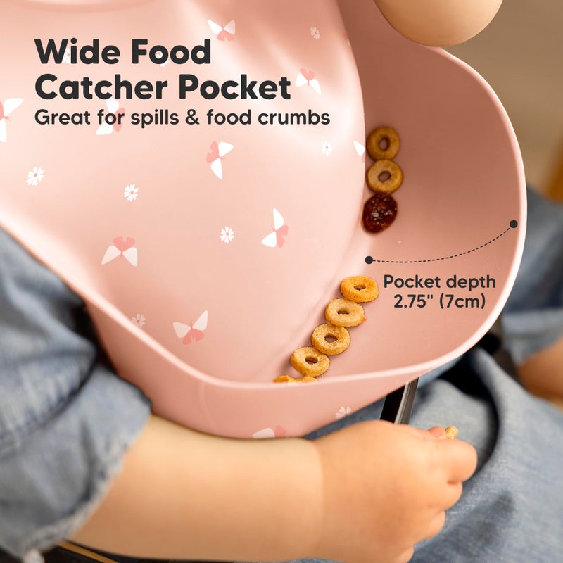 KeaBabies 2-Pack Silicone Baby Bibs for Eating - Sturdy Food-Grade Silicone Bibs for Babies Girl, Boy, Large Food Catcher, Clean & Put On Easily, Waterproof Toddler Feeding Essentials (Butterflies) - Image 4