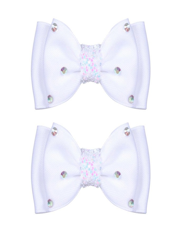 Miroksh 3in White Silky Satin Ribbon Hair Bows Clip, Sparkly Rhinestone Hair Barrettes for Teen Toddler Flower Girls Wedding Pageant Communion Party Dress Decor Accessories Gift Set of 2 - Image 1