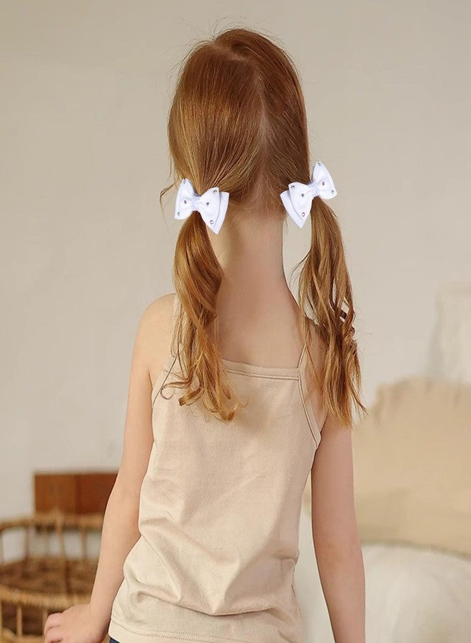 Miroksh 3in White Silky Satin Ribbon Hair Bows Clip, Sparkly Rhinestone Hair Barrettes for Teen Toddler Flower Girls Wedding Pageant Communion Party Dress Decor Accessories Gift Set of 2 - Image 4
