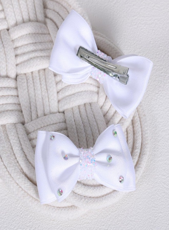 Miroksh 3in White Silky Satin Ribbon Hair Bows Clip, Sparkly Rhinestone Hair Barrettes for Teen Toddler Flower Girls Wedding Pageant Communion Party Dress Decor Accessories Gift Set of 2 - Image 5