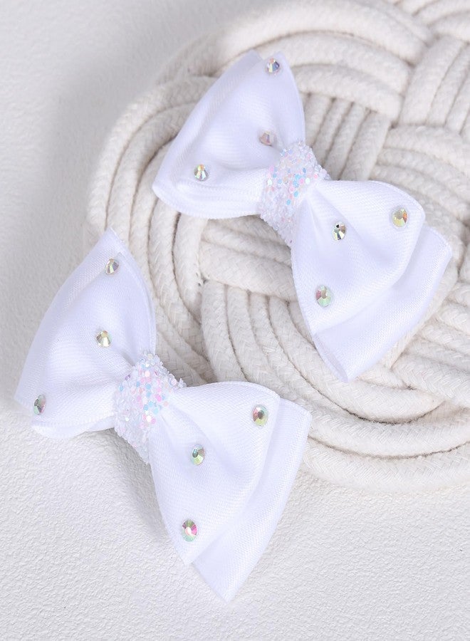 Miroksh 3in White Silky Satin Ribbon Hair Bows Clip, Sparkly Rhinestone Hair Barrettes for Teen Toddler Flower Girls Wedding Pageant Communion Party Dress Decor Accessories Gift Set of 2 - Image 2