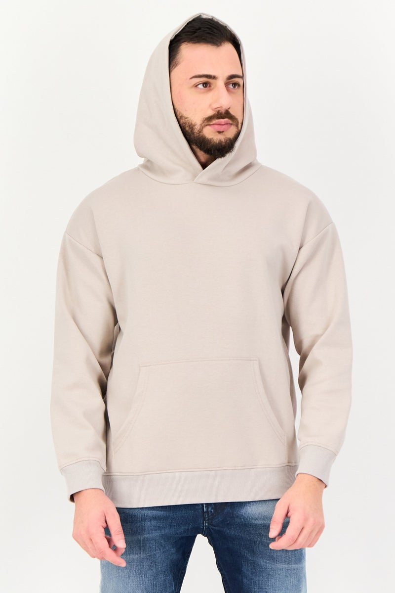 Algspar Men Solid Long Sleeve Hoodie, Light Taupe - Image 1
