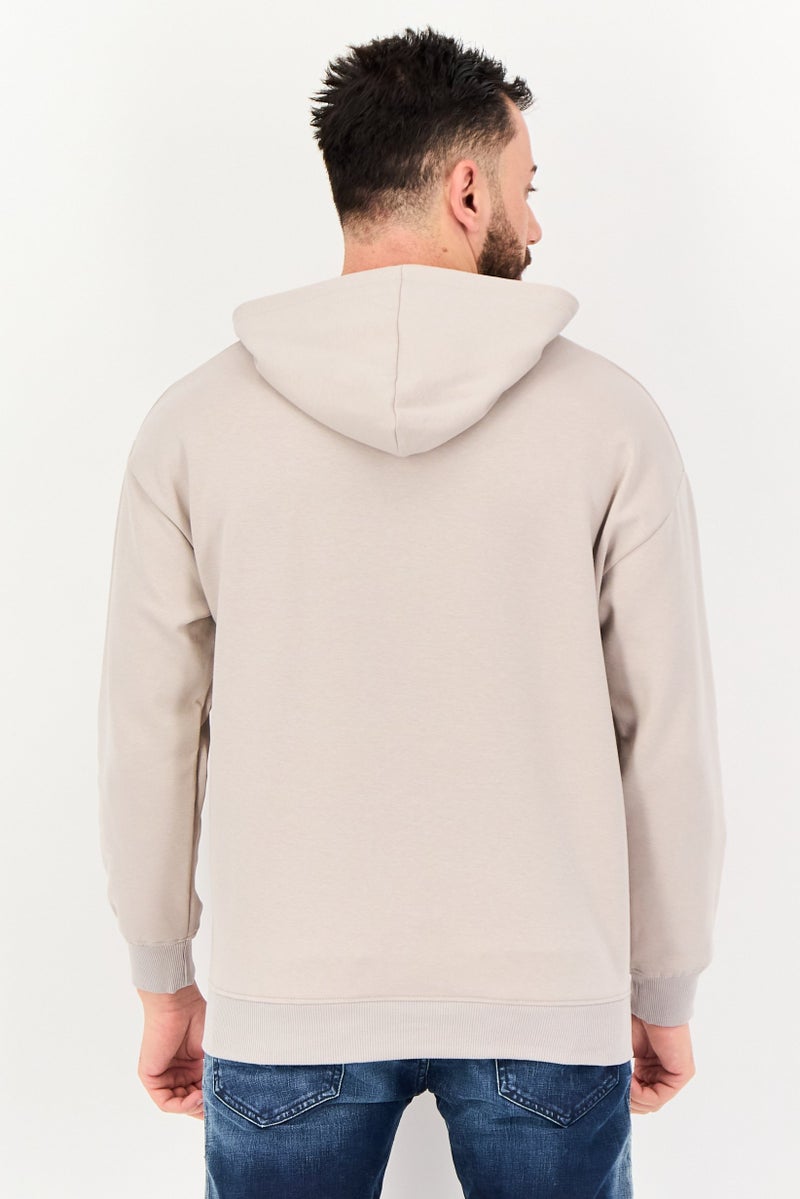 Algspar Men Solid Long Sleeve Hoodie, Light Taupe - Image 3