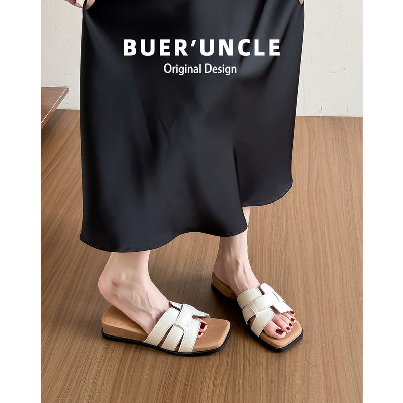 Women's Soft Leather Thick-Sole Slip-On Sandals Square Toe Casual Beach - Image 1