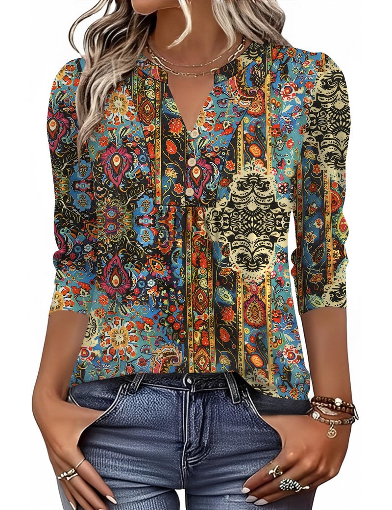 IECCP 3/4 Length Sleeve Womens Tops Puff Sleeve Summer Boho Tops Dressy Casual V Neck Button Pleated Shirts Ladies Loose Fit Tunic Pullover (Ethnic Print,L) - Image 2