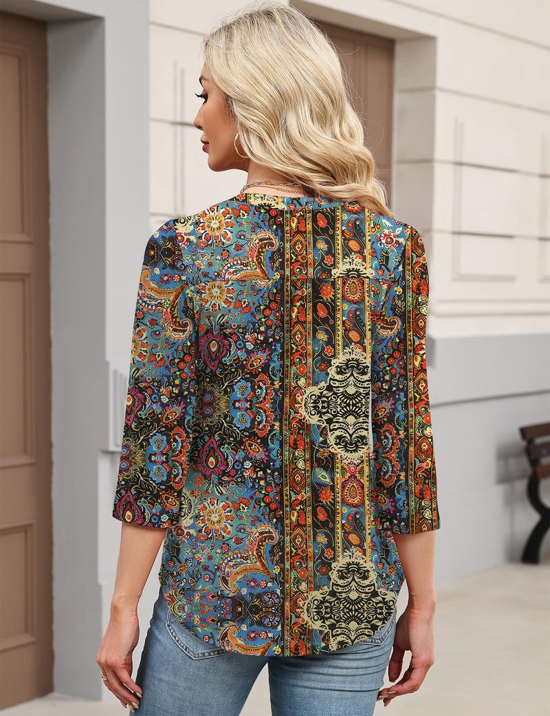 IECCP 3/4 Length Sleeve Womens Tops Puff Sleeve Summer Boho Tops Dressy Casual V Neck Button Pleated Shirts Ladies Loose Fit Tunic Pullover (Ethnic Print,L) - Image 5