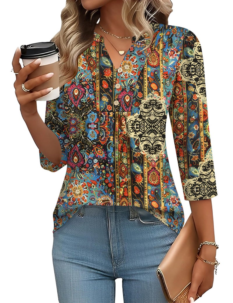 IECCP 3/4 Length Sleeve Womens Tops Puff Sleeve Summer Boho Tops Dressy Casual V Neck Button Pleated Shirts Ladies Loose Fit Tunic Pullover (Ethnic Print,L) - Image 1