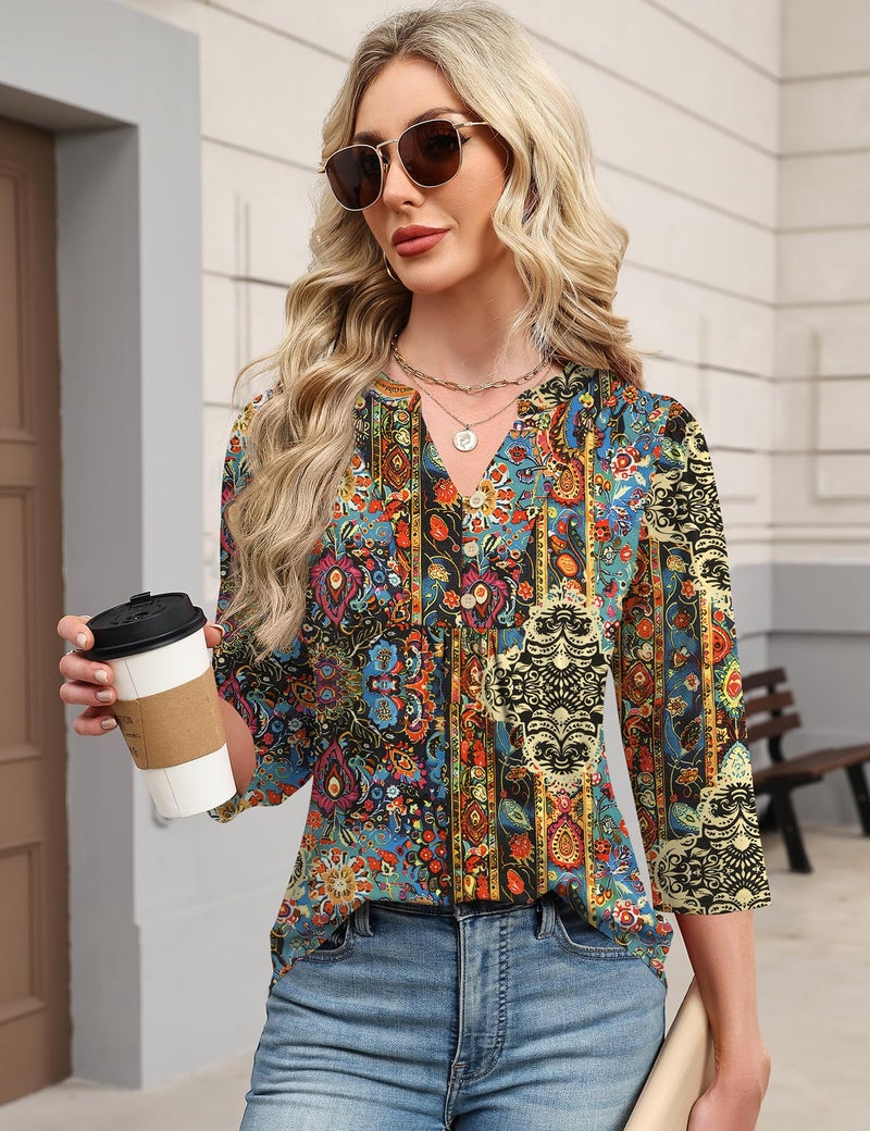IECCP 3/4 Length Sleeve Womens Tops Puff Sleeve Summer Boho Tops Dressy Casual V Neck Button Pleated Shirts Ladies Loose Fit Tunic Pullover (Ethnic Print,L) - Image 4