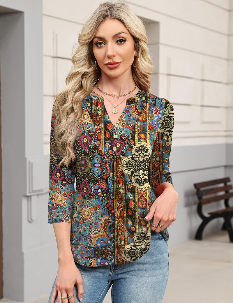 IECCP 3/4 Length Sleeve Womens Tops Puff Sleeve Summer Boho Tops Dressy Casual V Neck Button Pleated Shirts Ladies Loose Fit Tunic Pullover (Ethnic Print,L) - Image 3