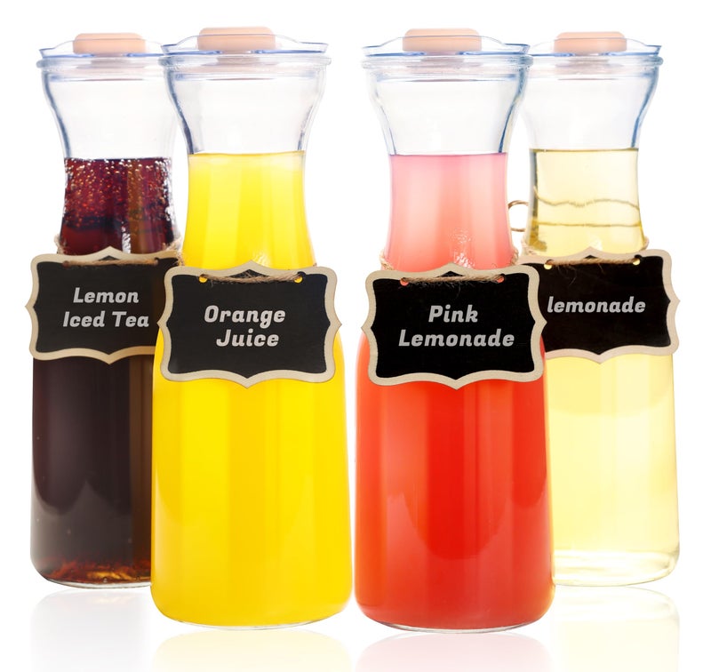 AYL طقم AYL من 4 إباريق زجاجية مع أغطية سعة 1 لتر إباريق مياه زجاجية وأدوات تقديم للمشروبات لبار الميموزا وحفلات البرانش والنبيذ والعصير والحليب والشاي المثلج والليمونادة مع أغطية ذات فوهة سهلة الصب