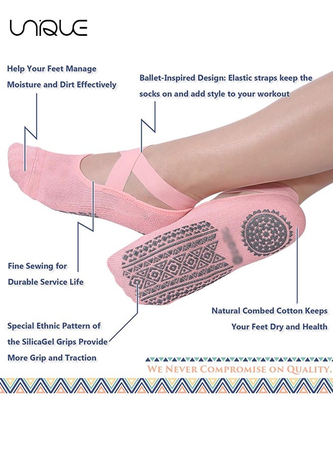 Unique 2Pcs Non Slip Yoga Socks for Women,Yoga Socks for Women Non-Slip Grips & Straps, Ideal for Pilates, Pure Barre, Ballet, Dance, Barefoot Workout（Pink + Light Grey）  - Image 2