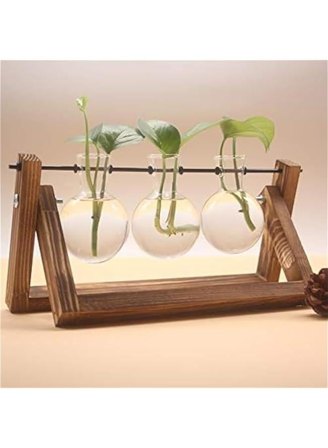 HOOKOR Plant Propagation Station, Plant Terrarium with Wooden Stand, Unique Gardening Birthday Gifts for Women Plant Lovers, Home Office Garden Decor Planter - 3 Bulb Glass Vases, Brown,(12-01) - Image 1