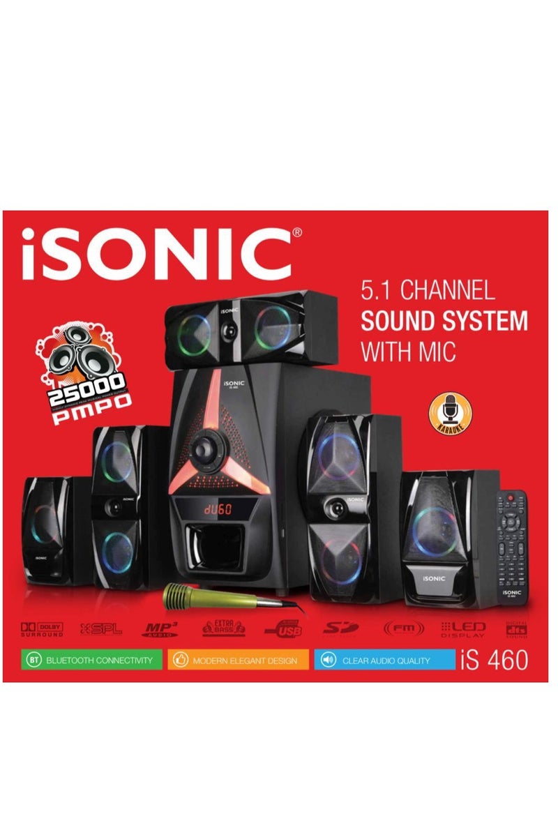 iSONIC نظام المسرح المنزلي iSonic IS 460 5.1 قناة – 25000 PMPO، بلوتوث، USB، شاشة LED