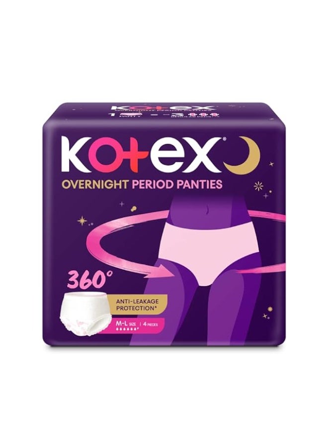 Kotex Overnight Period Panties (Medium/Large size, pack of 4 panties) for heavy flow period protection | with 360 degree anti-leakage design & airy-soft fabric | 1 panty = ~3 regular pads - Image 1