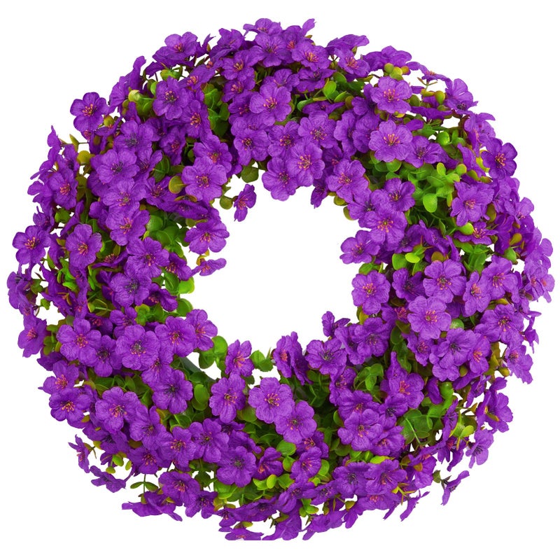 Elecxlink 20 Inch Spring Summer Wreaths for Front Door, Artificial Flowers Violet Silk Floral Wreaths with Fake Plants Green Eucalyptus Leaves for Outdoors Farmhouse Wall Wedding Porch Home Decor - Image 1