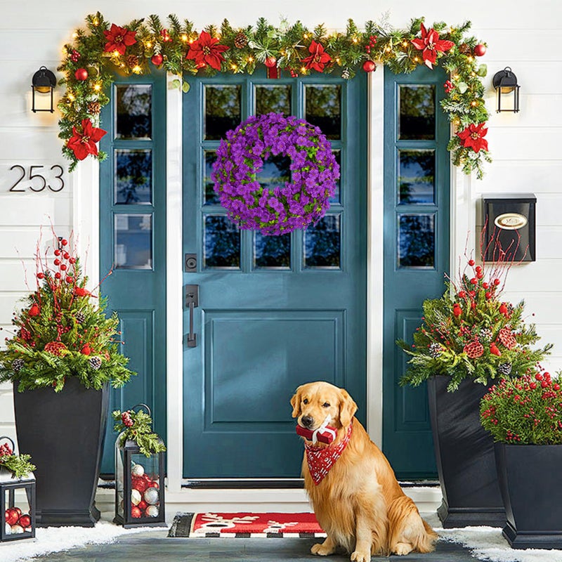 Elecxlink 20 Inch Spring Summer Wreaths for Front Door, Artificial Flowers Violet Silk Floral Wreaths with Fake Plants Green Eucalyptus Leaves for Outdoors Farmhouse Wall Wedding Porch Home Decor - Image 4