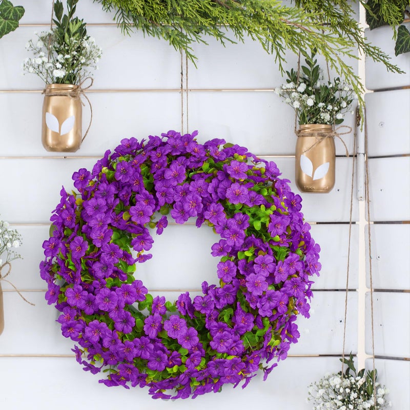 Elecxlink 20 Inch Spring Summer Wreaths for Front Door, Artificial Flowers Violet Silk Floral Wreaths with Fake Plants Green Eucalyptus Leaves for Outdoors Farmhouse Wall Wedding Porch Home Decor - Image 5