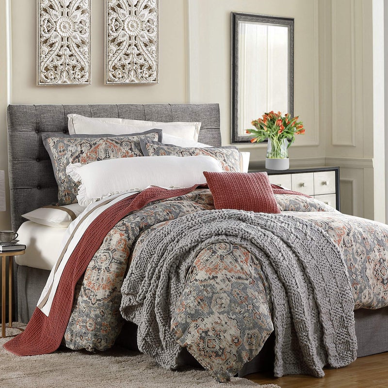 H HIEND ACCENTS HiEnd Accents Carmen Kilim 3 Piece Comforter Set with Pillow Shams Gray Medallion Pattern Queen Size Classic Traditional Modern Rustic Bedding Set Linen Comforter with 2 Pillowcases 