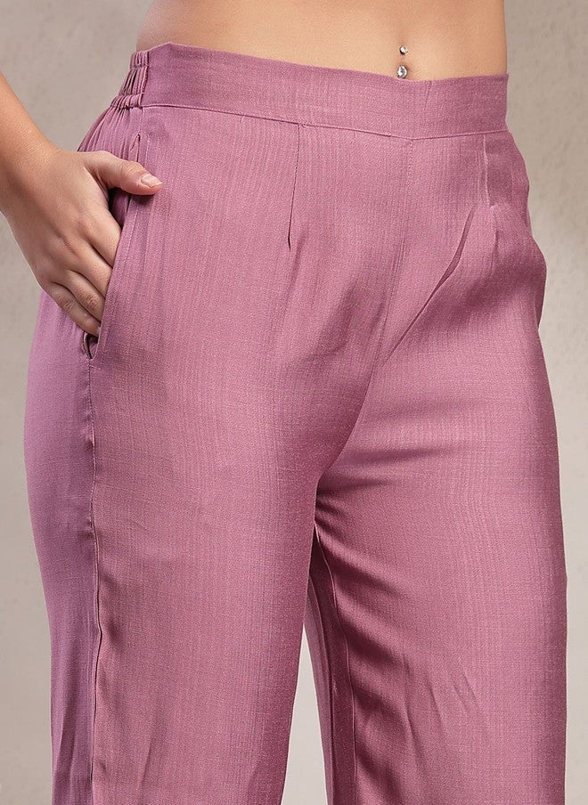 Indibelle Purple Round Neck Tunic with Trouser Set - Image 4