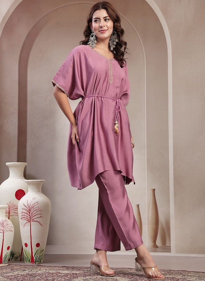 Indibelle Purple Round Neck Tunic with Trouser Set - Image 1