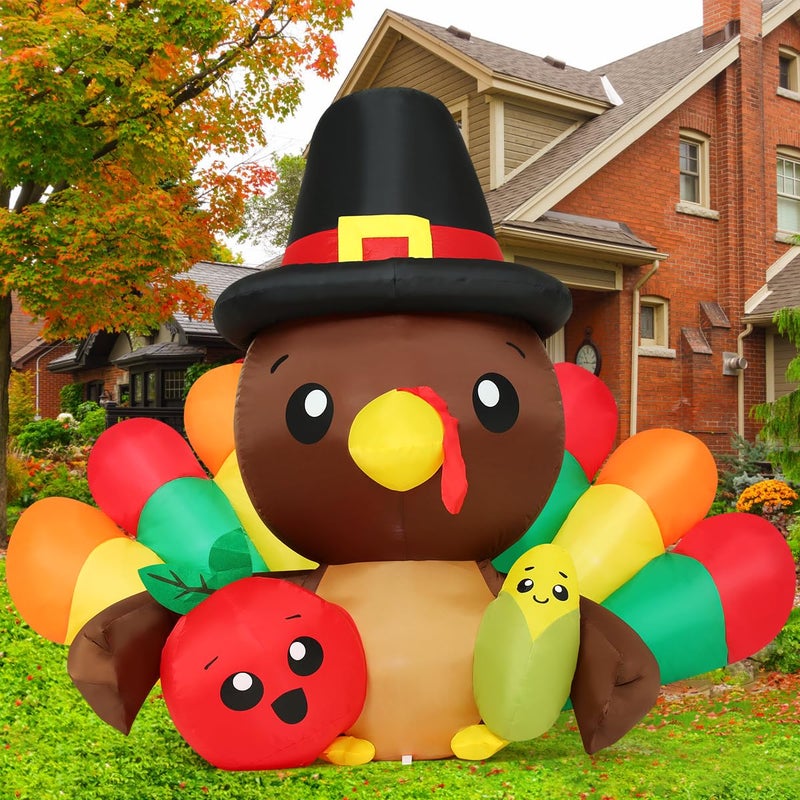 GOOSH 63 FT Long Thanksgiving Inflatables Baby Turkeys Outdoor Decorations Blow Up Yard Colorful Tail Turkey with Tomato Corn with Builtin LEDs for Garden Lawn Indoor Party Decor