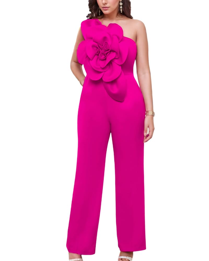 ONTINVA Rose Jumpsuits for Women One Shoulder Jumpers Summer Rompers Sleeveless Loose Palazzo Wide Leg Overalls - Image 1