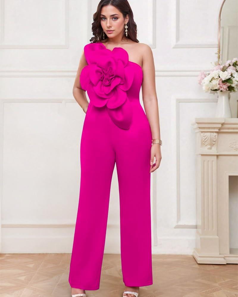 ONTINVA Rose Jumpsuits for Women One Shoulder Jumpers Summer Rompers Sleeveless Loose Palazzo Wide Leg Overalls - Image 2