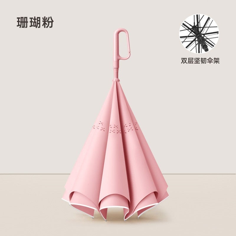 Hands-Free C-Handle Standable Reverse Umbrella Coral pink ring handle automatic model 
