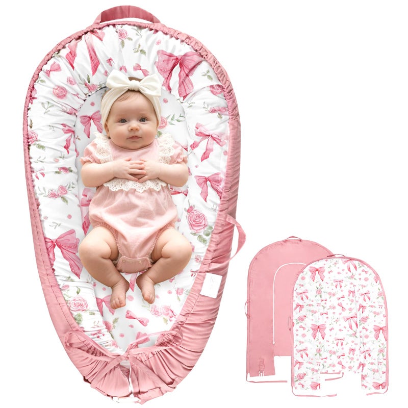 Jundetye Baby Lounger Cover for Boys Girls, Reversible Baby Nest Cover, Adjustable Baby Lounger Replaceable Cover for Infant Newborn, Portable and Machine Washable, Cotton Pink Rose Cover Only - Image 1