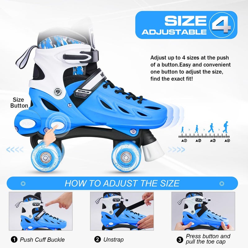 METROLLER Roller Skates for Girls Ages 5-8 8-12 and Boys Teens, Adjustable 4 Sizes for Kids Toddler Rollerskates with Light up Wheels, for Women (Blue, Large-Youth & Adult (4-7 Men/5-8 Women)) - Image 3