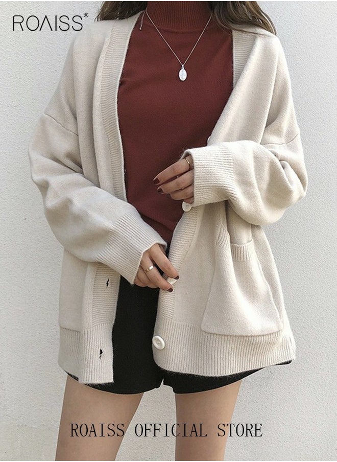 Ladies Solid Color Knitted Jacket Ladies V Neck Loose Cardigan Ladies Long Sleeve Sweater Jacket Large Pocket Design Loose Preppy Style Ladies Knitted Sweater - pzsku/Z2172203F8D2328BA5960Z/45/_/1721729842/137f4ec4-11f9-451b-aaeb-a4c8bacb31a7