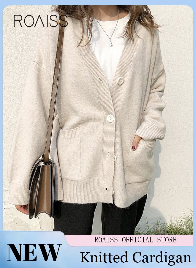 roaiss Ladies Solid Color Knitted Jacket Ladies V Neck Loose Cardigan Ladies Long Sleeve Sweater Jacket Large Pocket Design Loose Preppy Style Ladies Knitted Sweater  - Image 3