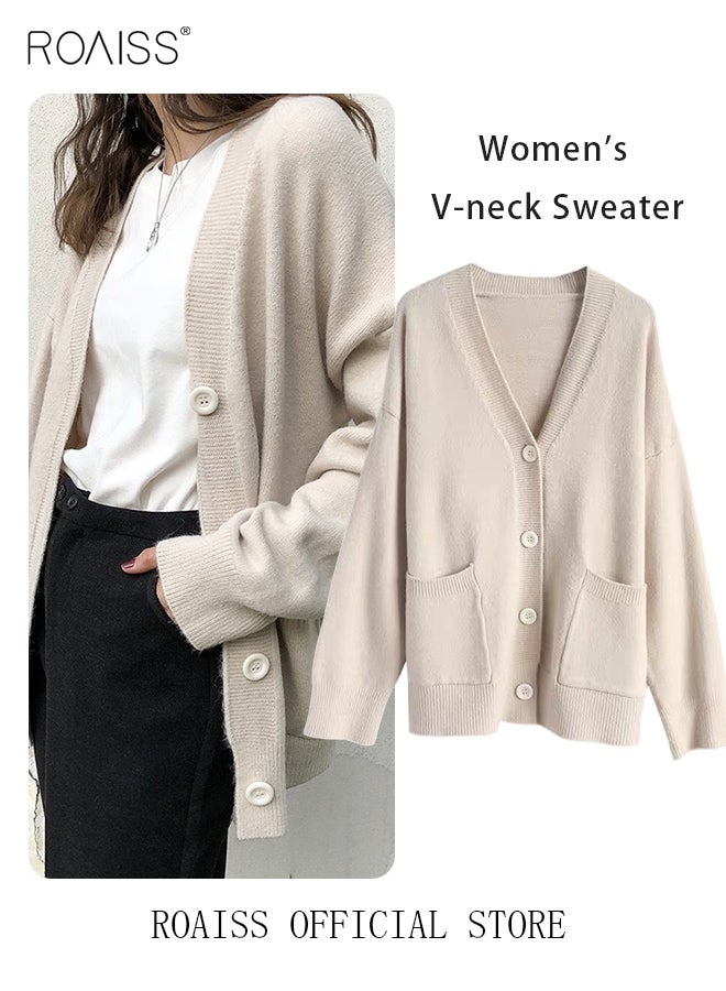 roaiss Ladies Solid Color Knitted Jacket Ladies V Neck Loose Cardigan Ladies Long Sleeve Sweater Jacket Large Pocket Design Loose Preppy Style Ladies Knitted Sweater  - Image 2