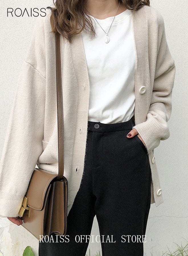 roaiss Ladies Solid Color Knitted Jacket Ladies V Neck Loose Cardigan Ladies Long Sleeve Sweater Jacket Large Pocket Design Loose Preppy Style Ladies Knitted Sweater  - Image 4