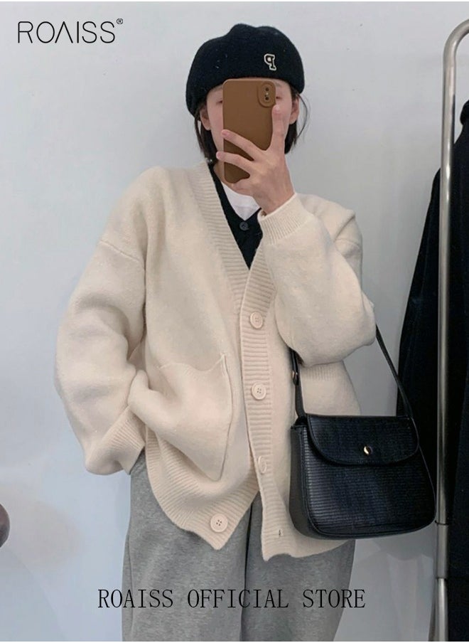 Ladies Solid Color Knitted Jacket Ladies V Neck Loose Cardigan Ladies Long Sleeve Sweater Jacket Large Pocket Design Loose Preppy Style Ladies Knitted Sweater - pzsku/Z2172203F8D2328BA5960Z/45/_/1721730002/dce110e1-9fc9-4859-8c9e-d0b25dfe751a