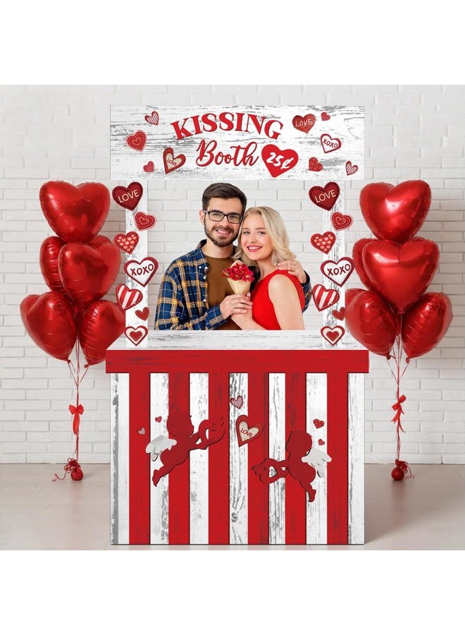 Cinnvoice Valentine Kissing Booth 58.27 x 33.86 Inches Plastic Kissing Booth Stand Valentines Photo Prop Decorative Sign for Carnival Party Decorations Outdoor - Image 1