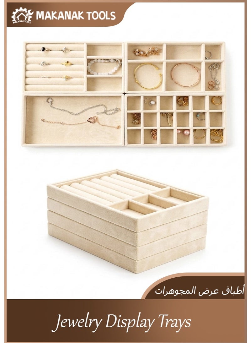 Makanak Tools 4-Piece Velvet Jewelry Organizer, Stackable Drawer Inserts, Beige Vanity Display Set, Soft Protection for Rings & Necklaces, Elegant Storage Solution - Image 1