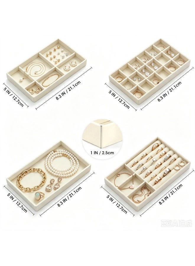 Makanak Tools 4-Piece Velvet Jewelry Organizer, Stackable Drawer Inserts, Beige Vanity Display Set, Soft Protection for Rings & Necklaces, Elegant Storage Solution - Image 3