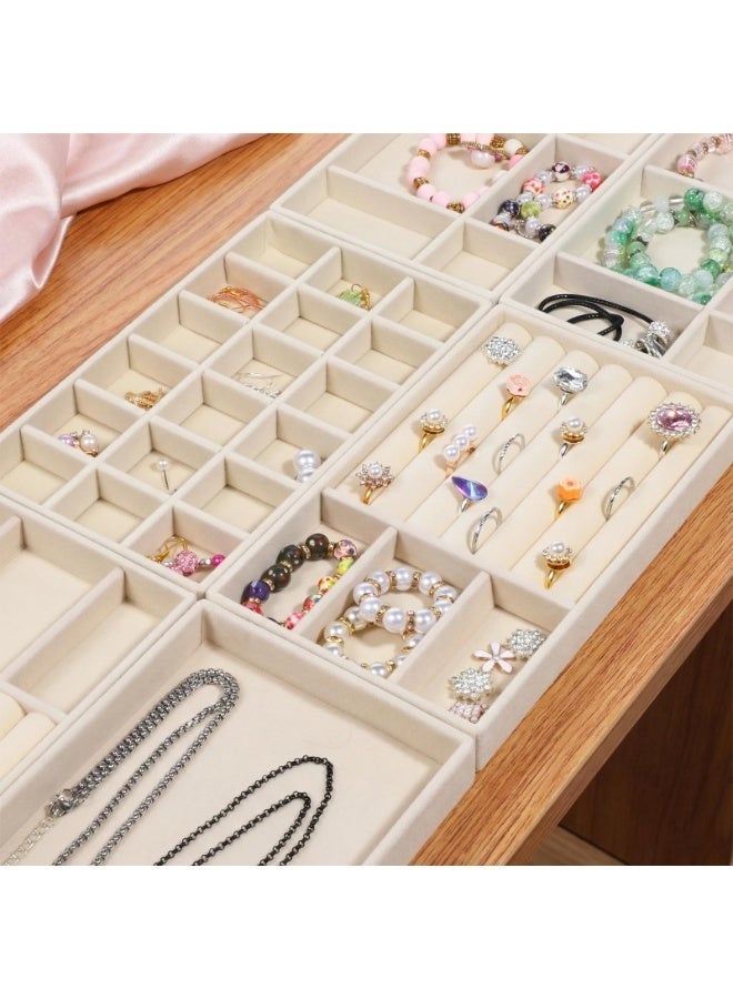 Makanak Tools 4-Piece Velvet Jewelry Organizer, Stackable Drawer Inserts, Beige Vanity Display Set, Soft Protection for Rings & Necklaces, Elegant Storage Solution - Image 5