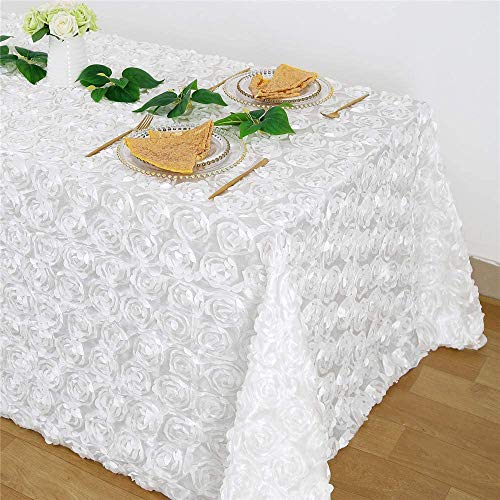 QueenDream White Wedding Tablecloth 90 x 132 Inch Rosette Tablecloth 3D Flowers Satin Overlay for Wedding Reception - Image 2