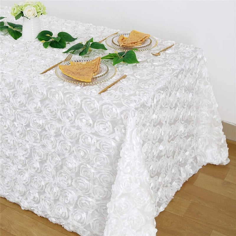QueenDream White Wedding Tablecloth 90 x 132 Inch Rosette Tablecloth 3D Flowers Satin Overlay for Wedding Reception - Image 1