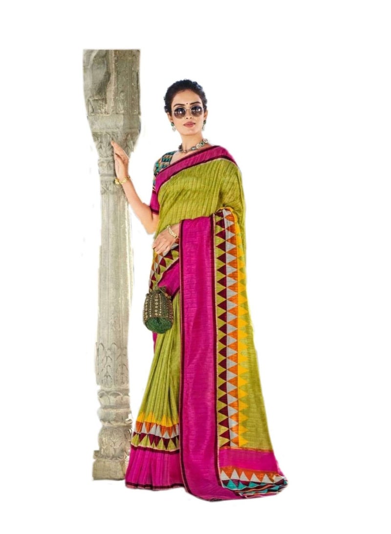 Grab Mantra Gadhwal silk Green colour saree with Pink border and unstitched blouse  - Image 1