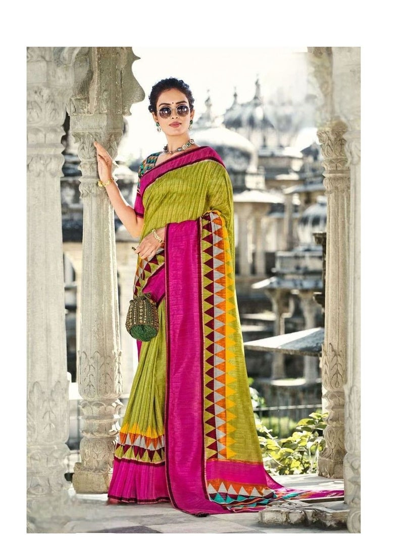 Grab Mantra Gadhwal silk Green colour saree with Pink border and unstitched blouse  - Image 2