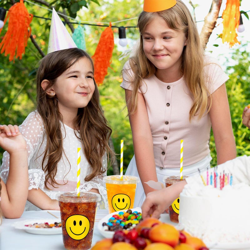Whaline 50Pcs One Happy Dude Smile Face Disposable Plastic Cups with Lid and Straws 12oz Happy Face Party Cups Cold Beverage Drinking Cup for Fall Birthday Baby Shower Wedding Party Supplies - Image 4