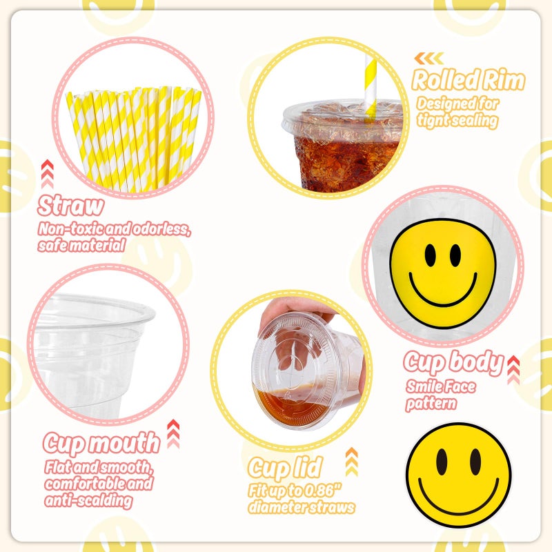 Whaline 50Pcs One Happy Dude Smile Face Disposable Plastic Cups with Lid and Straws 12oz Happy Face Party Cups Cold Beverage Drinking Cup for Fall Birthday Baby Shower Wedding Party Supplies - Image 2