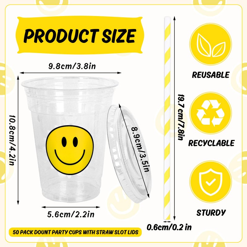 Whaline 50Pcs One Happy Dude Smile Face Disposable Plastic Cups with Lid and Straws 12oz Happy Face Party Cups Cold Beverage Drinking Cup for Fall Birthday Baby Shower Wedding Party Supplies - Image 1