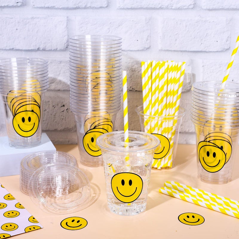Whaline 50Pcs One Happy Dude Smile Face Disposable Plastic Cups with Lid and Straws 12oz Happy Face Party Cups Cold Beverage Drinking Cup for Fall Birthday Baby Shower Wedding Party Supplies - Image 3