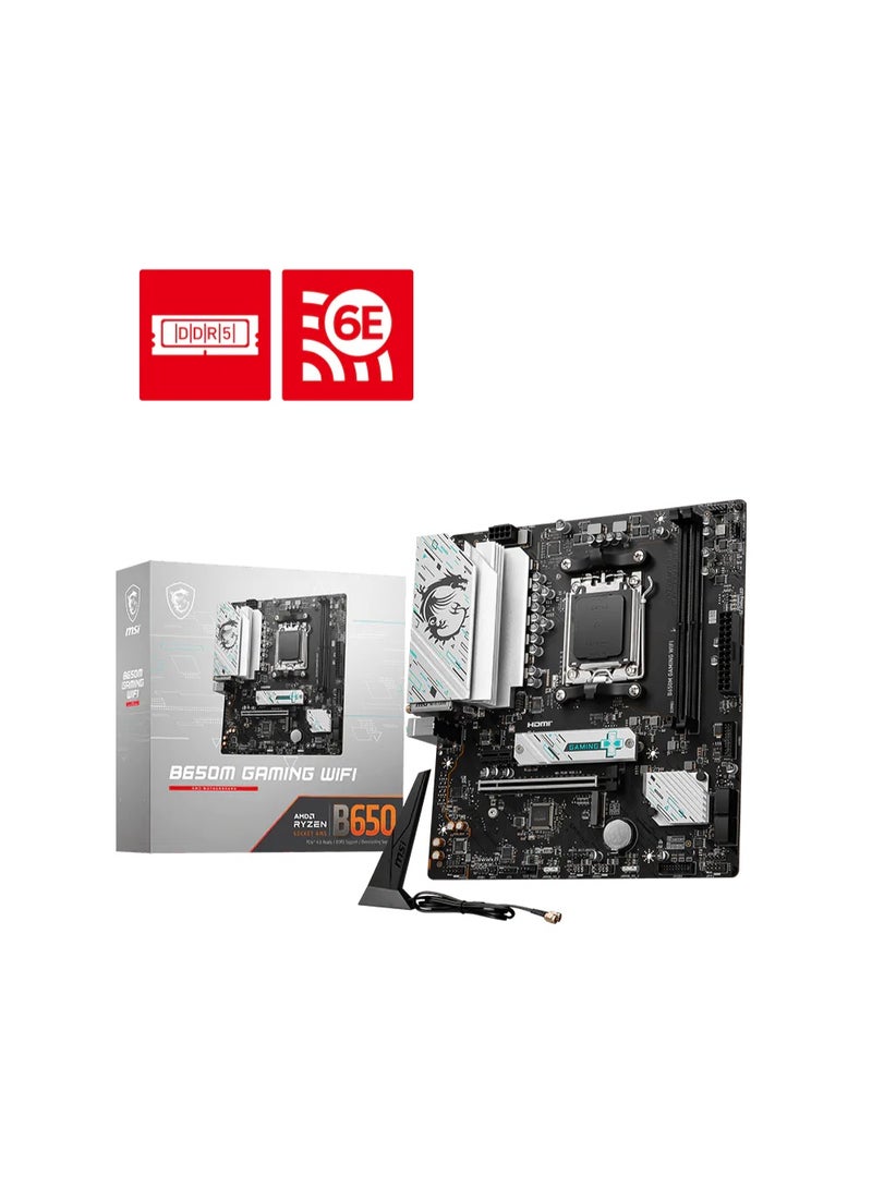MSI B650M GAMING WIFI AM5 Micro-ATX Motherboard – 2x DDR5 Up to 128GB, 2x M.2 PCIe 4.0, 4x SATA, PCIe 4.0 x16, HDMI/DP, Wi-Fi 6E, Bluetooth 5.3, 2.5Gb LAN, Realtek ALC897 Audio, RGB, TPM 2.0, BIOS Flash, Black | 911-7E30-009 - Image 1